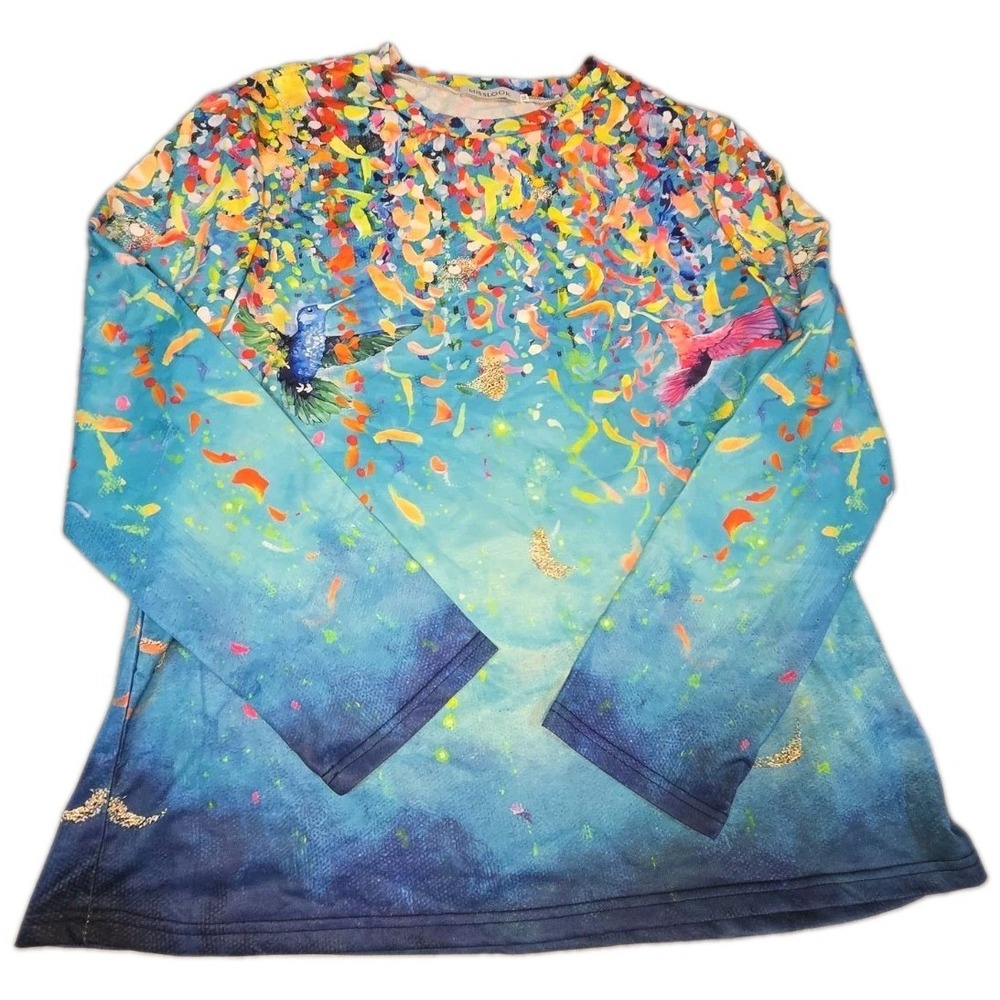 MISSLOOK Blouse Womens 3XL Hummingbird Blue Ombre Watercolor Long Sleeve Top